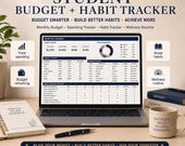 A laptop shows a "STUDENT BUDGET + HABIT TRACKER" spreadsheet with sections for budget overview, budget actual, and habit/wellness tracker, next to a pen and a mug.