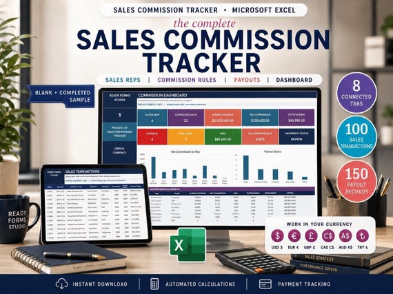 Sales Commission Tracker in Excel: Commission Sheet, Commission Tiers, Bonus Tracker and Payout Tracker Spreadsheets