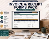 A desktop setup with a monitor displaying a product invoice form, surrounded by printed forms, a calculator, and a notebook.