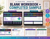 Two laptops display Excel spreadsheets side-by-side, one showing a "Completed Sample" and the other a "Blank Workbook" for a recurring expense tracker.