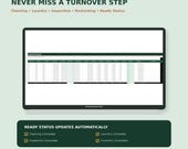 A laptop screen shows a spreadsheet titled "Turnover Planner" with columns for cleaning, laundry, inspection, and restocking, with status updates listed below.