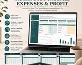 A laptop displaying the Etsy income, expenses, and profit dashboard spreadsheet alongside feature callouts for tracking sales, products, payouts, and taxes.