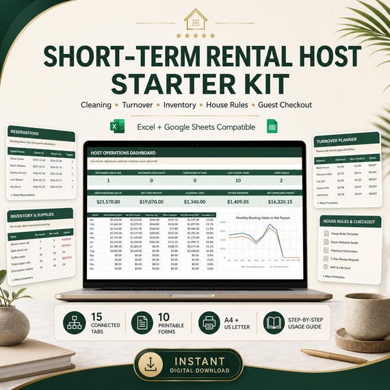 Short Term Rental Host Spreadsheet | Airbnb Turnover Checklist, Cleaning Tracker, Inventory, House Rules