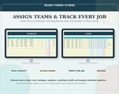 Two monitors display spreadsheets with columns for team capacity, actual hours, profit per job, and ratings, with text about assigning teams and tracking jobs.