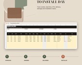 A dark screen shows a "Procurement Control" spreadsheet with project orders, dates, costs, and delivery statuses, with a timeline of approved, ordered, delivered, and installed.