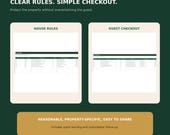 Two white sheets of paper display "House Rules" and "Guest Checkout" forms, with a descriptive text box underneath.