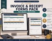 A desktop setup with a monitor displaying a payment record form, surrounded by printed forms, a calculator, and a notebook.