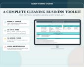 A monitor displays a spreadsheet titled "HOUSE CLEANING BUSINESS SYSTEM PRO," showing columns for services, pricing, and quantities, with text describing a complete operating toolkit.