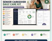 A laptop displays a "Senior Caregiver Daily Care Kit" dashboard with charts and data, next to a graphic of a caregiver and senior woman.