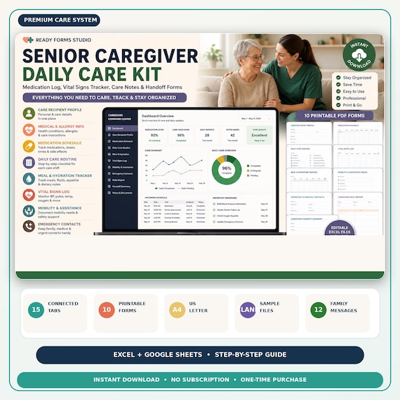 Senior Caregiver Daily Care Kit | Medication Log, Vital Signs Tracker, Handoff Forms / Excel Spreadsheet