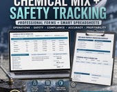 A digital spreadsheet titled "Chemical Mix + Safety Tracking" displays a chemical mix log with product information, usage, cost, and a pre-wash protection checklist.