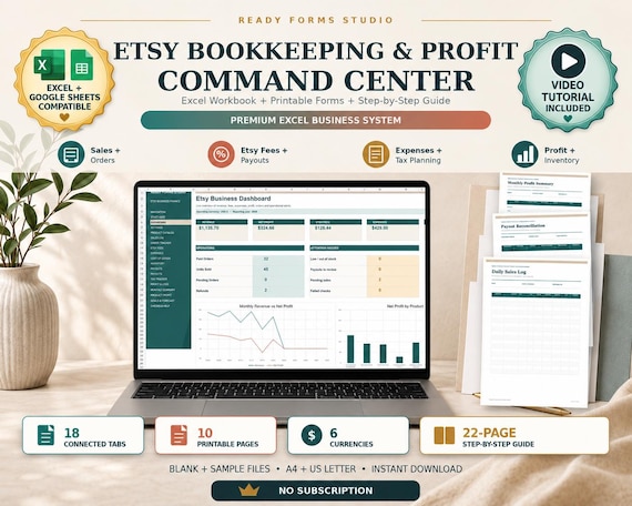 Etsy Bookkeeping Spreadsheet: Profit and Loss, Sales, Fees, Income and Expenses Tracker for Excel