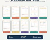 Ten printable care forms are displayed in two rows, including "Profile," "Medication," "Vital Signs," and "Handoff" templates.