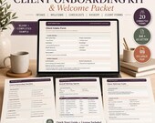 A laptop displays a client intake form, with three printed forms (onboarding checklist, kickoff meeting agenda, welcome guide) and a pen on a desk.