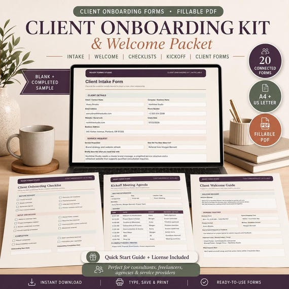 Client Onboarding Kit, Client Intake Form & Welcome Packet, Fillable PDF Onboarding Template and Checklist for Small Business