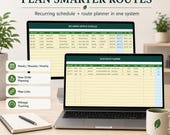 A laptop and a monitor display a recurring service schedule and a daily route planner spreadsheet, with a plant and a coffee mug.