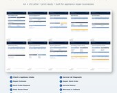 Ten thumbnail images of various professional printable forms for appliance repair businesses are displayed, including client intake, service call diagnostic, and parts order forms.