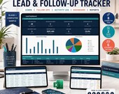 A laptop, tablet, and phone display a lead and follow-up tracker spreadsheet with various data fields, charts, and a dashboard, against a dark blue background.