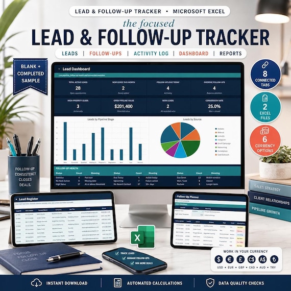Lead Tracker Spreadsheet for Small Business, Client Tracker, Follow Up Planner, Communication Log & CRM Excel Template