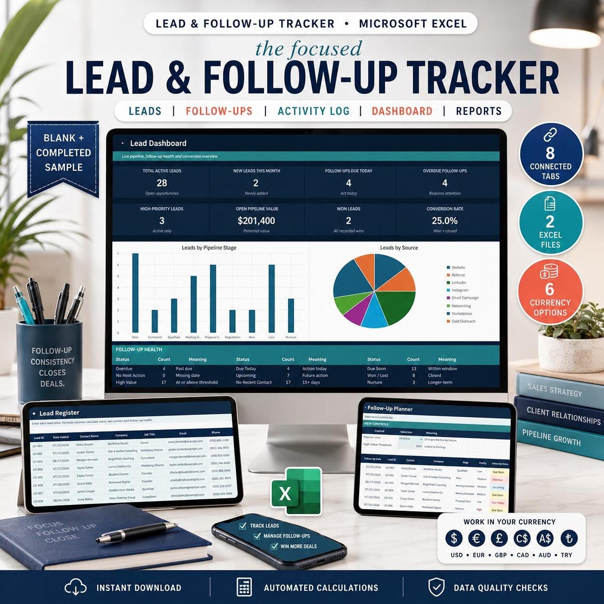 A laptop, tablet, and phone display a lead and follow-up tracker spreadsheet with various data fields, charts, and a dashboard, against a dark blue background.