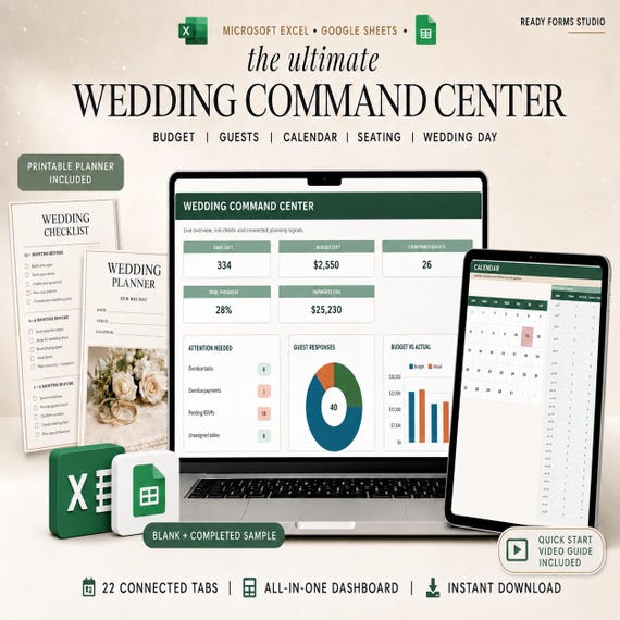 Wedding Excel Spreadsheet, Complete Wedding Planner with Budget, Guest List, Seating Chart, RSVP Tracker