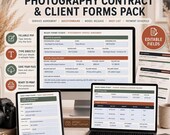 A flat lay shows a camera, lenses, film, and a clipboard with a "Client Questionnaire" form, with a laptop displaying a "Payment Schedule & Payment Record" form.