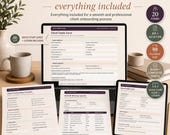 A laptop shows a client intake form, with a tablet displaying the same form, and two printed forms (onboarding checklist, kickoff meeting agenda) on a desk with a mug.
