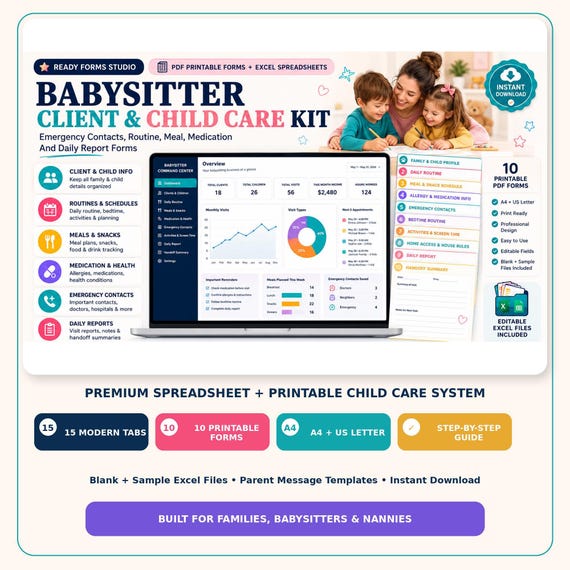 Babysitter Planner | Child Care Tracker with Booking Schedule, Client Management in Google Sheets and Printable Forms