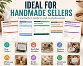 Five printed form templates are shown above a grid of small photo cards depicting various handmade business contexts.