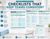 Three printed cleaning checklists are displayed: "Residential Cleaning Checklist," "Commercial Cleaning Checklist," and "Deep Cleaning Checklist," with a pen and blue towel.