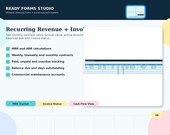A white slide with the title "Recurring Revenue + Invoices" and bullet points describing MRR, ARR, and overdue tracking, with a blurred spreadsheet visible on the right.