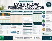 A grid of eight screenshots displays various tabs of a cash flow calculator, including "Dashboard," "Income & Expenses," and "Scenario Planner," with feature descriptions below.