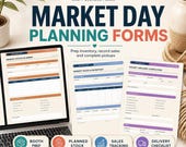 A laptop and two printed pages displaying market day planning forms, inventory, sales tracking, and delivery checklists.