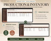Two spreadsheet screenshots, one for "PRODUCTION PLAN" and another for "INVENTORY & SUPPLIERS," display tables with order schedules, inventory levels, and supplier information.