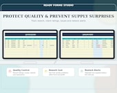 Two monitors display spreadsheets with columns for quality control, rework cost, and restock alerts, with text about protecting quality and preventing supply surprises.