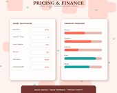 A screen shows a "Smart Calculator" with input fields for price, quantity, travel, and discount, and a "Financial Overview" with colored bar graphs.
