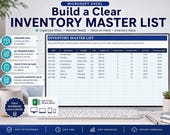 A laptop displays an Excel spreadsheet titled "INVENTORY MASTER LIST" with columns for SKU, item name, supplier ID, stock, and value, next to a plant.