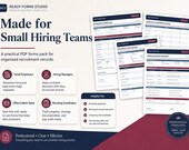 A collage of four white forms: an Interview Scorecard, a Candidate Comparison Matrix, a Reference Check Record, and a Hiring Decision Summary, with text describing benefits for small teams.