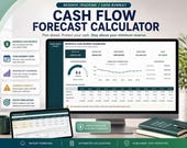 A laptop screen displays the "Reserve Tracking / Cash Runway" tab of a cash flow calculator, showing a dashboard with minimum cash, cash runway, and monthly overview, with feature descriptions on the left.