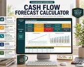 A laptop screen displays a cash flow calculator dashboard with graphs and tables, showing "Cash In vs Cash Out" and "Closing Cash vs Reserve," with feature descriptions on the left.