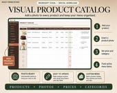 A spreadsheet titled "VISUAL PRODUCT CATALOG" shows a table with product images, descriptions, and prices, with a sidebar listing steps to add products.