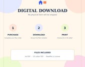 A graphic titled "Digital Download" with three steps: "Purchase," "Download," and "Print," and a list of included files.