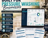 A digital spreadsheet for a pressure washing business is displayed on a laptop, showing a dashboard with revenue, jobs, and profit metrics, alongside a client estimate form.