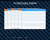 Five stacked paper forms with blue and orange headers, labeled "FORM 01" through "FORM 05," each with multiple blank lines and checkboxes.