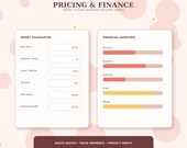 A digital interface titled "Pricing & Finance" showing a "Smart Calculator" with input fields for price, quantity, discount, and estimated profit, next to a "Financial Overview" with bar graphs for revenue, payments, expenses, profit, and margin.