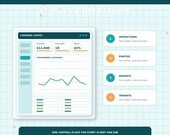 A digital dashboard titled "Command Center" displays revenue, open jobs, and profit, with a performance overview graph and a sidebar listing Inspections, Photos, Reports, and Tenants.
