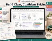 A laptop displays a "Pricing Calculator" spreadsheet, with a dog leash, a bone toy, and a "Service & Pricing Worksheet" form.