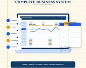 A laptop screen displays a dashboard with revenue, open jobs, profit, and a performance overview, next to a stack of three blank forms labeled "FORM 01," "FORM 02," and "FORM 03."