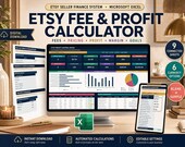 A desktop setup with a monitor displaying an "Etsy Fee & Profit Calculator" spreadsheet, a laptop, a notebook, and a phone showing currency options.