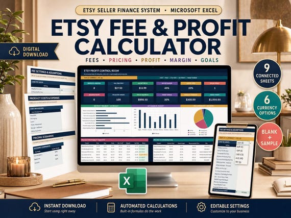 Etsy Fee & Profit Calculator in Excel: Etsy Profit, Pricing Calculator, Listing Fees and Net Margin